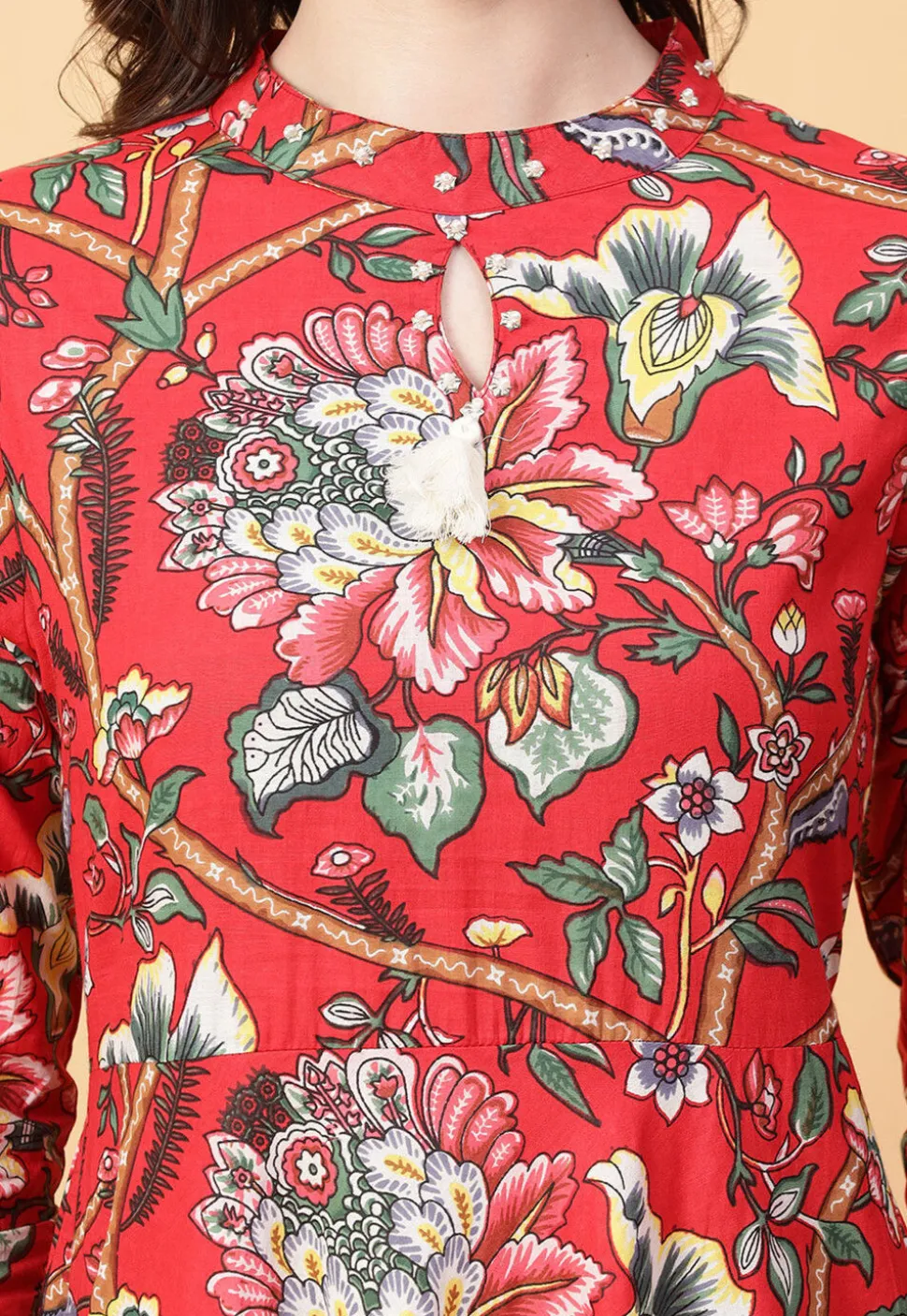 Digital Printed Cotton Maxi Dress in Red