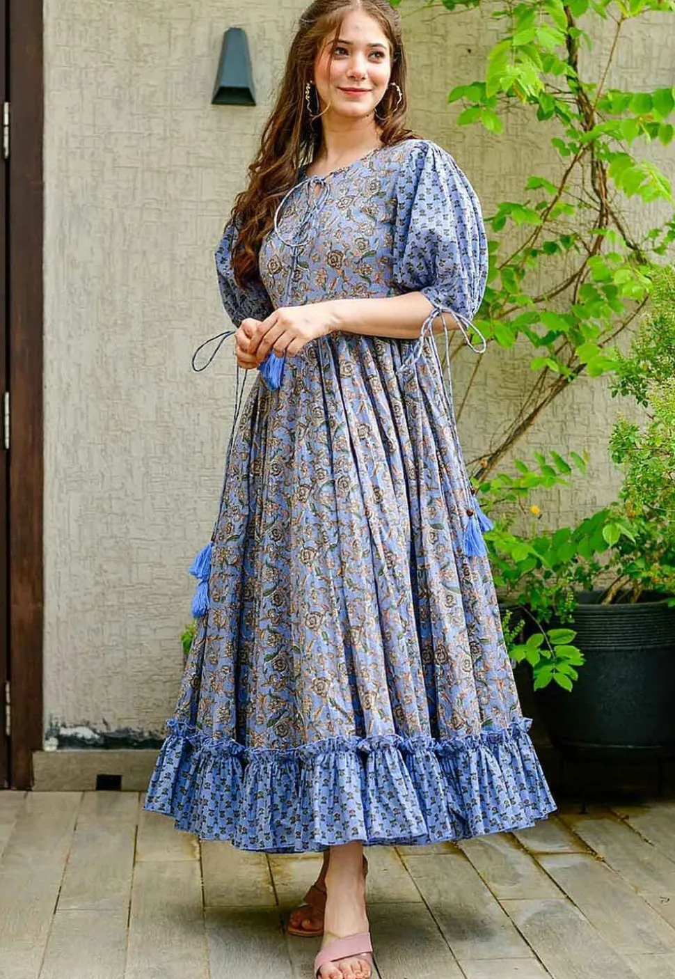Digital Printed Cotton Maxi Dress in Grey and Blue