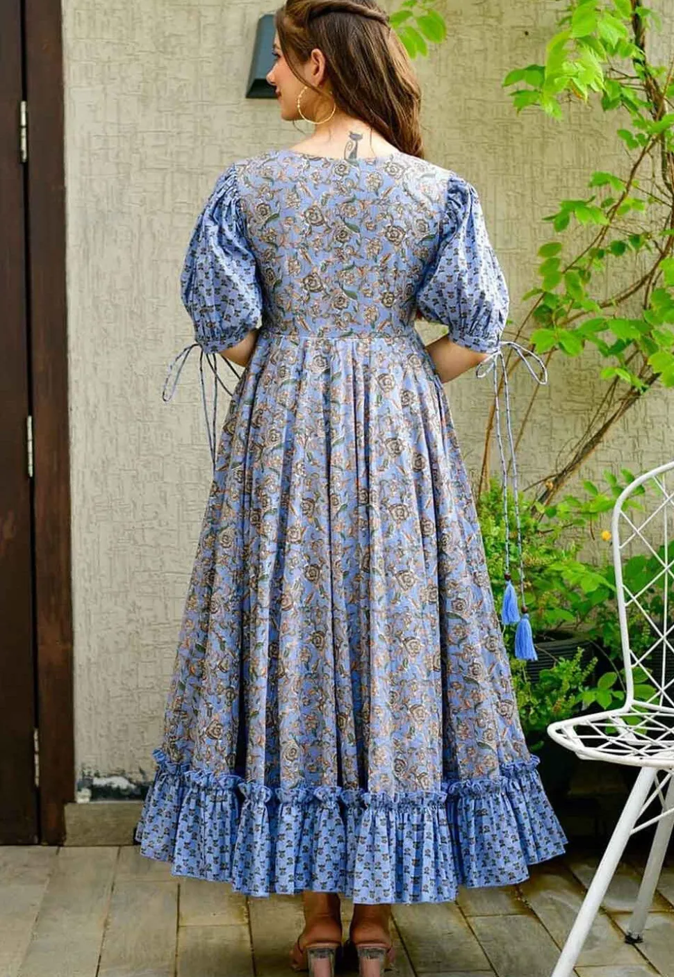 Digital Printed Cotton Maxi Dress in Grey and Blue