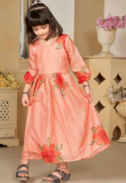 Digital Printed Cotton Maxi Dress in Peach