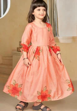 Digital Printed Cotton Maxi Dress in Peach