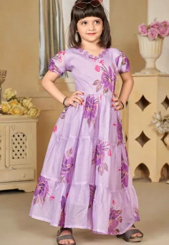 Digital Printed Cotton Maxi Dress in Purple