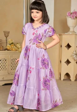 Digital Printed Cotton Maxi Dress in Purple