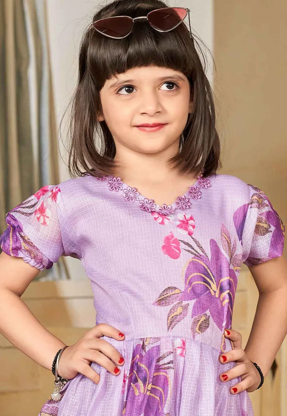 Digital Printed Cotton Maxi Dress in Purple
