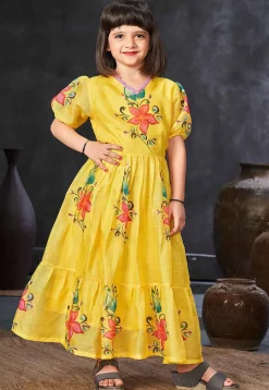 Digital Printed Cotton Maxi Dress in Yellow