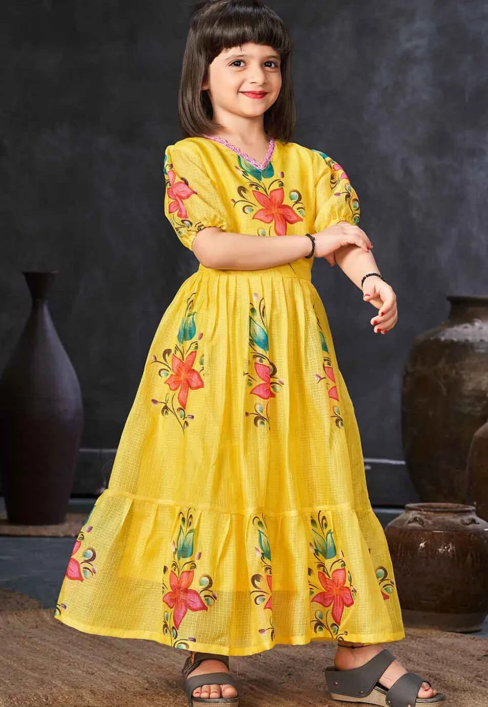 Digital Printed Cotton Maxi Dress in Yellow