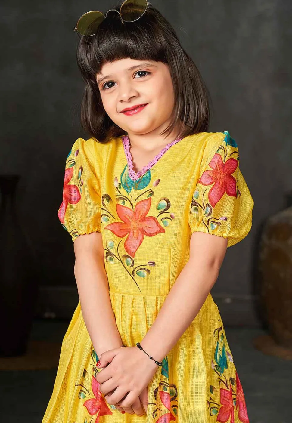 Digital Printed Cotton Maxi Dress in Yellow
