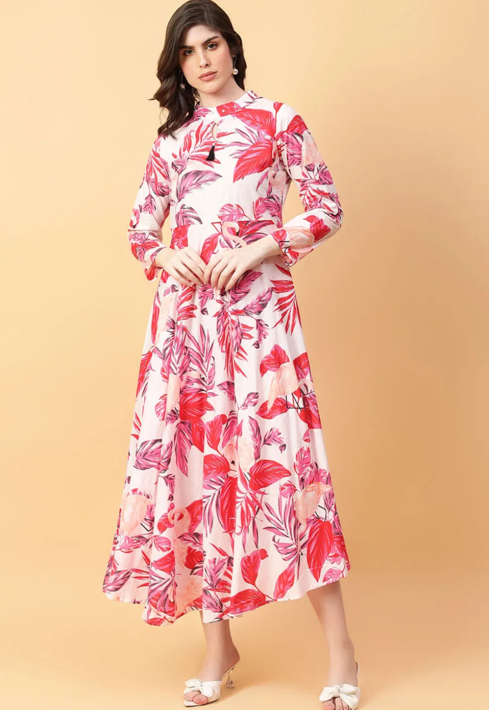Digital Printed Cotton Maxi Dress in Off White