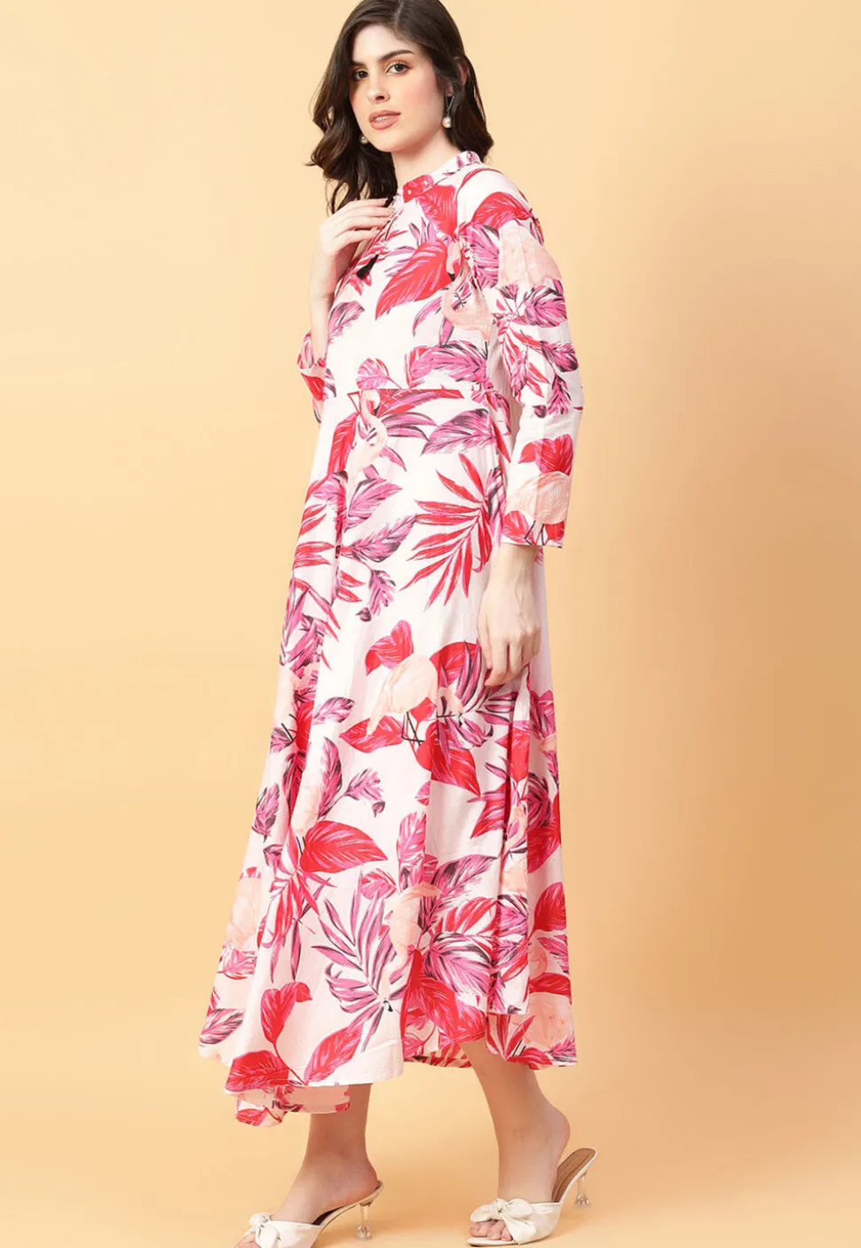 Digital Printed Cotton Maxi Dress in Off White