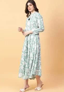 Digital Printed Cotton Maxi Dress in Light Green