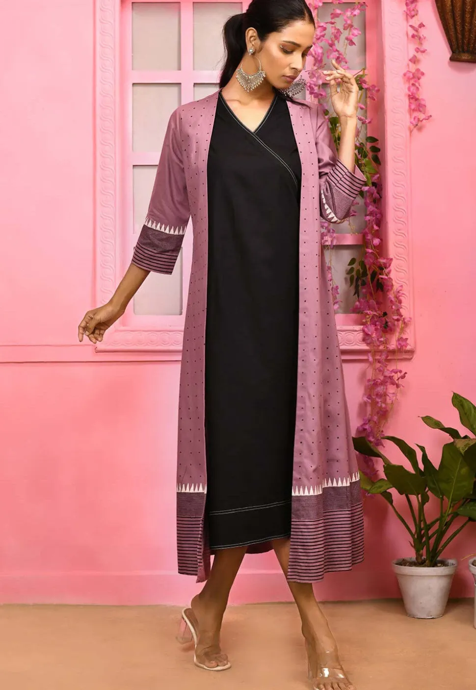 Digital Printed Cotton Midi Dress in Black