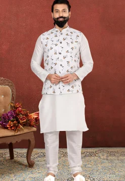 Digital Printed Cotton Nehru Jacket in White