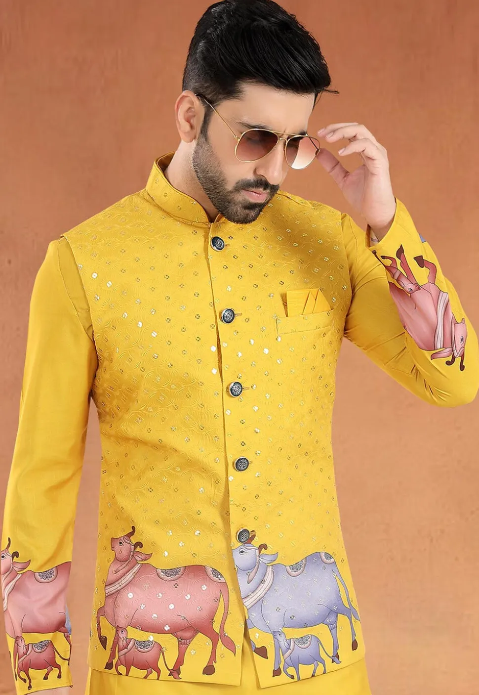 Digital Printed Cotton Nehru Jacket in Yellow
