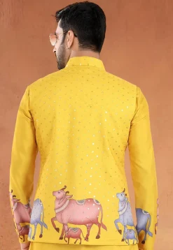 Digital Printed Cotton Nehru Jacket in Yellow
