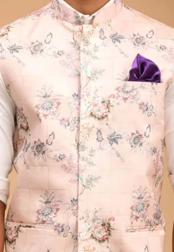 Digital Printed Cotton Nehru Jacket in Peach