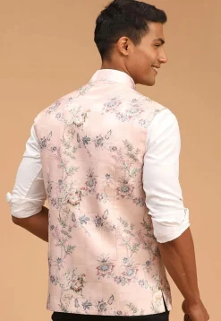 Digital Printed Cotton Nehru Jacket in Peach