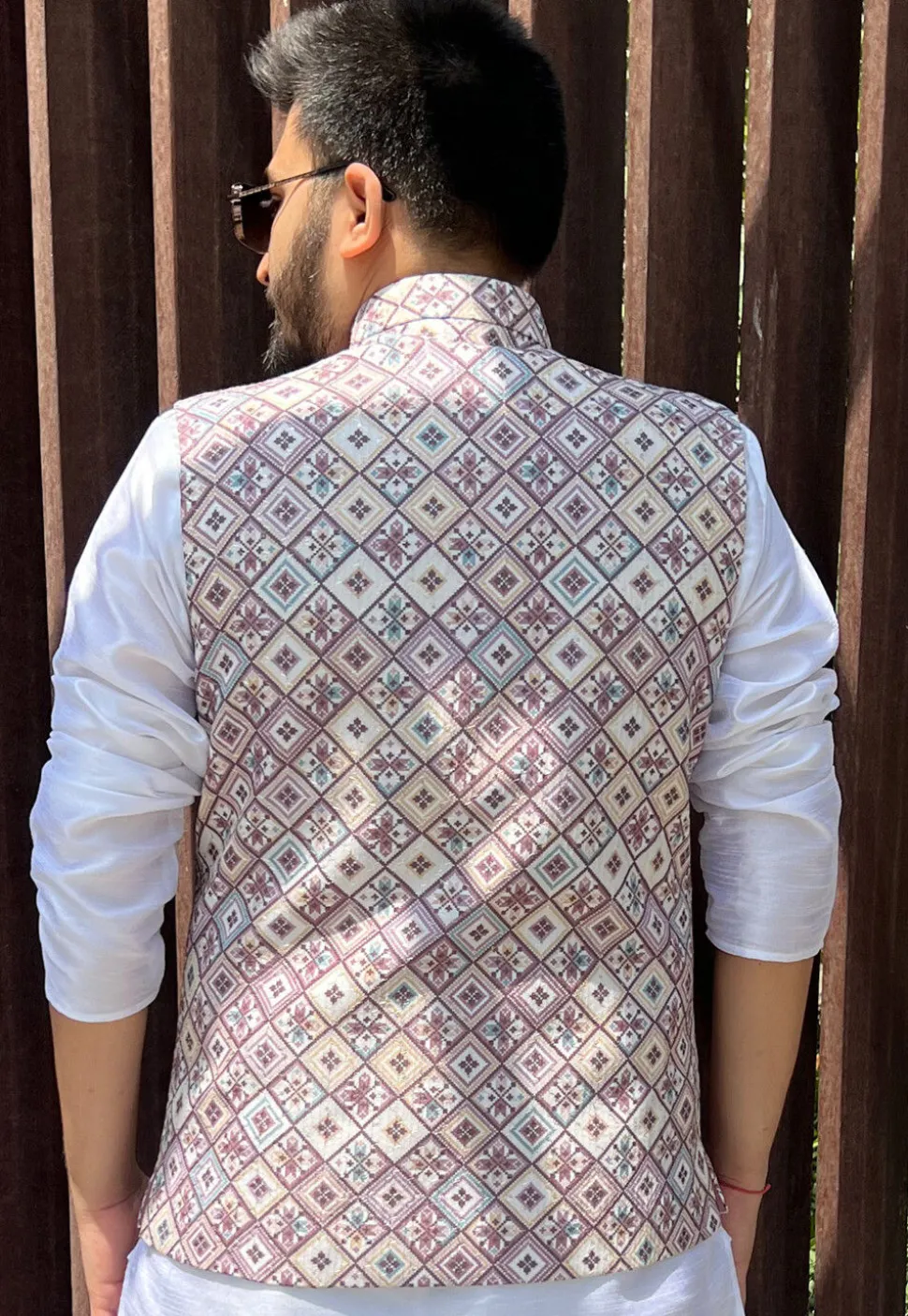 Digital Printed Cotton Nehru Jacket in Light Purple
