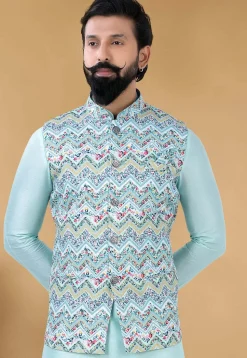 Digital Printed Cotton Nehru Jacket in Sky Blue