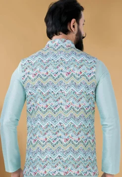 Digital Printed Cotton Nehru Jacket in Sky Blue