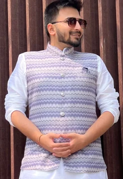Digital Printed Cotton Nehru Jacket in Blue