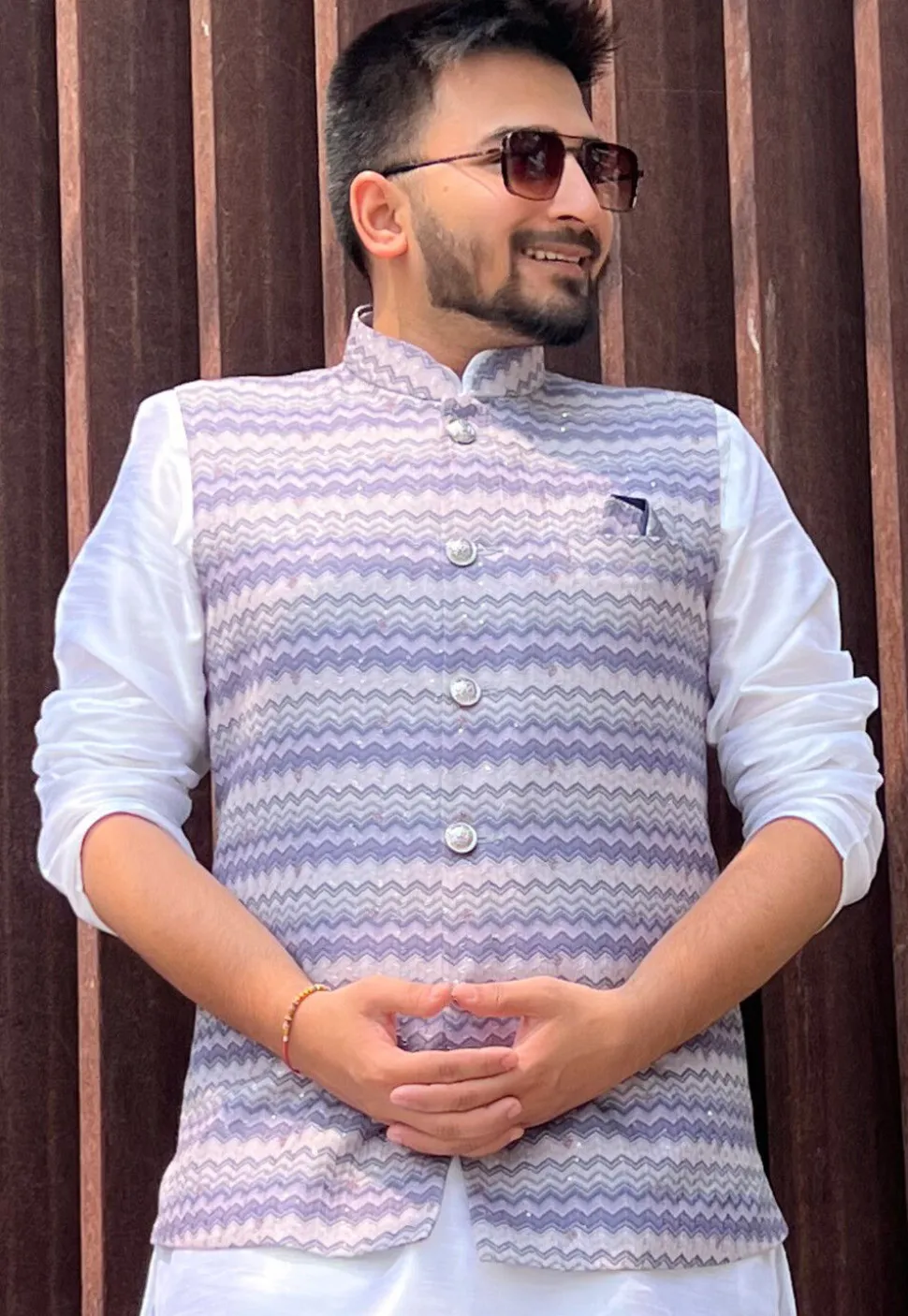Digital Printed Cotton Nehru Jacket in Blue