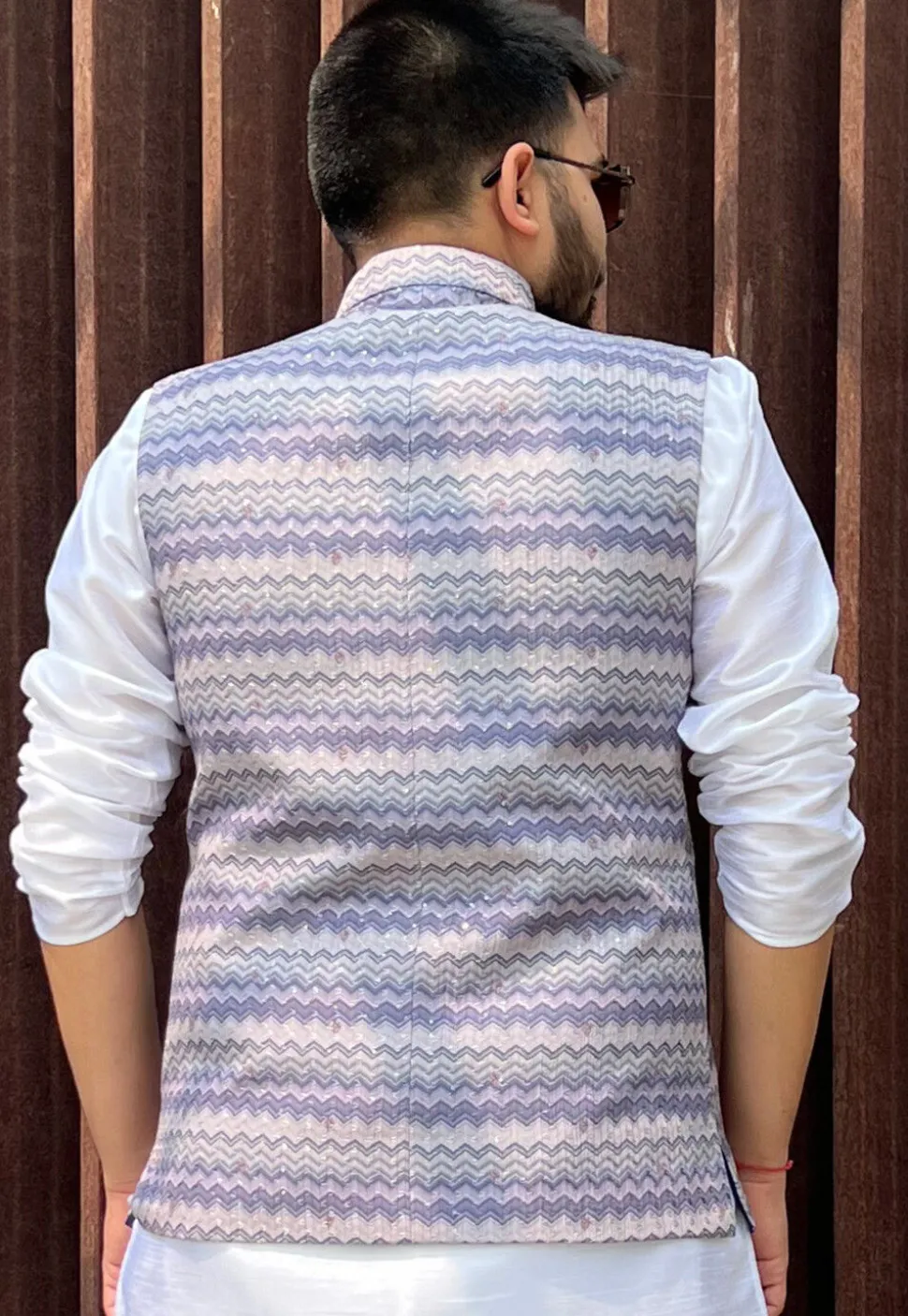 Digital Printed Cotton Nehru Jacket in Blue