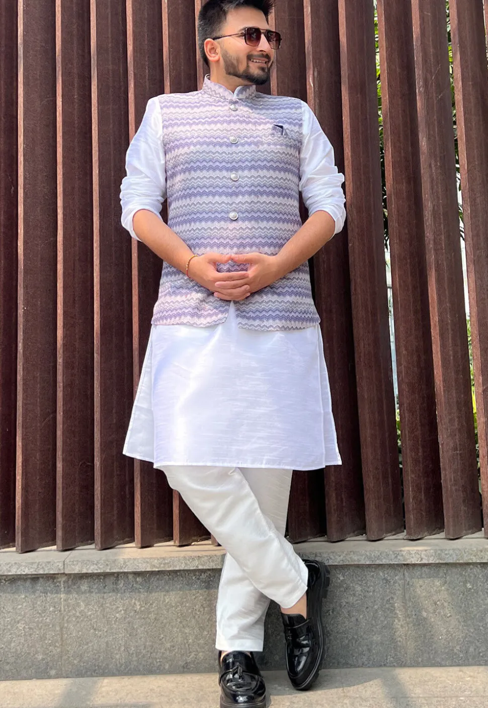 Digital Printed Cotton Nehru Jacket in Blue