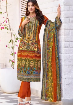 Digital Printed Cotton Pakistani Suit in Orange