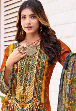 Digital Printed Cotton Pakistani Suit in Orange