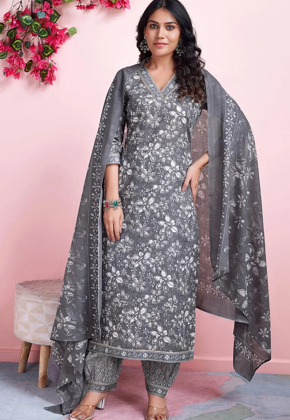 Digital Printed Cotton Pakistani Suit in Grey