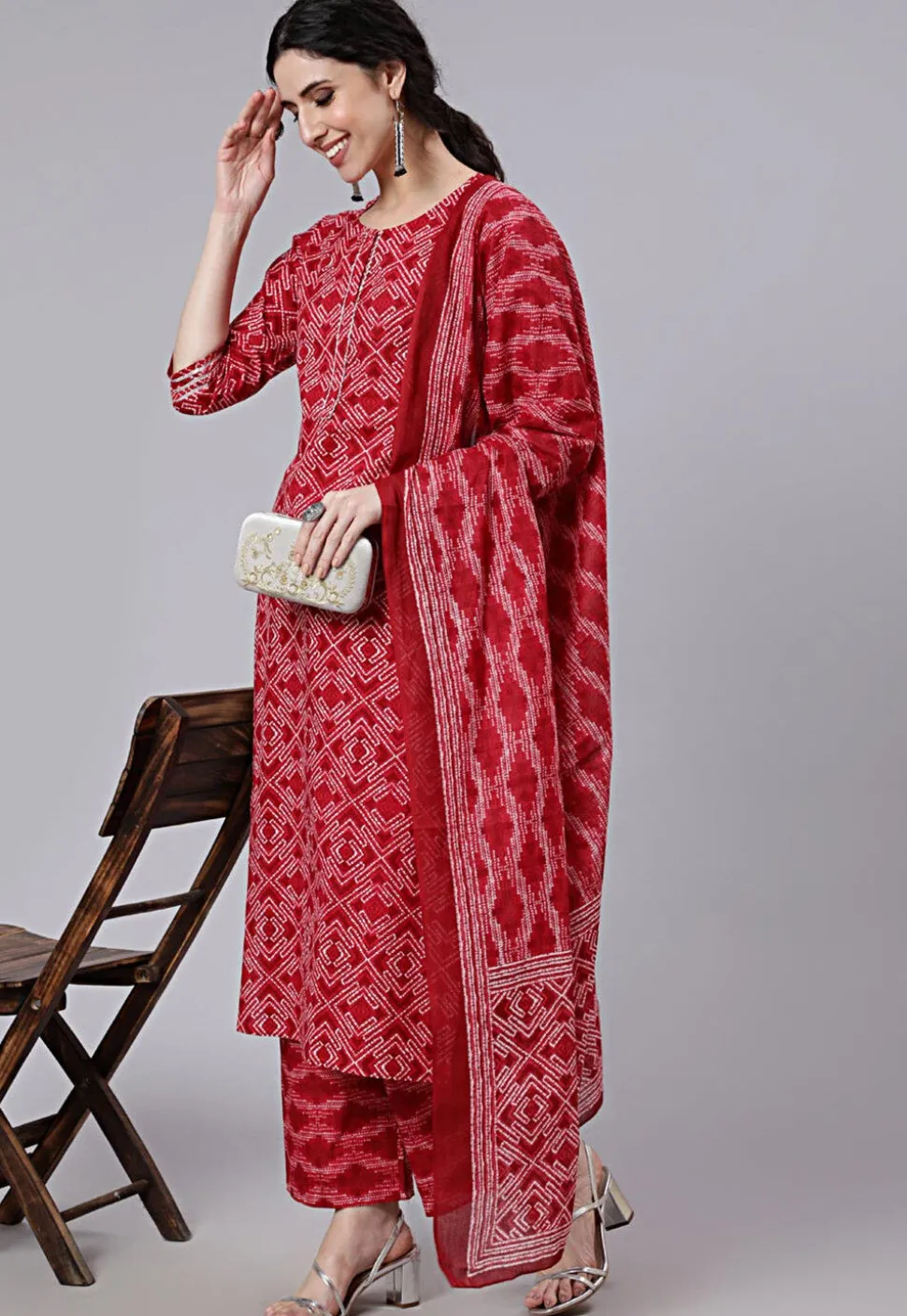 Digital Printed Cotton Pakistani Suit in Red