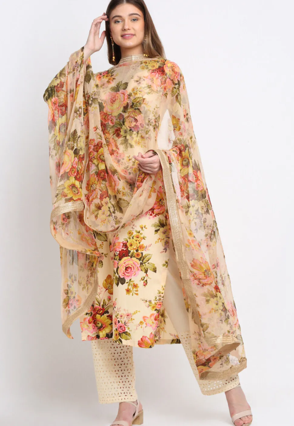 Digital Printed Cotton Pakistani Suit in Cream