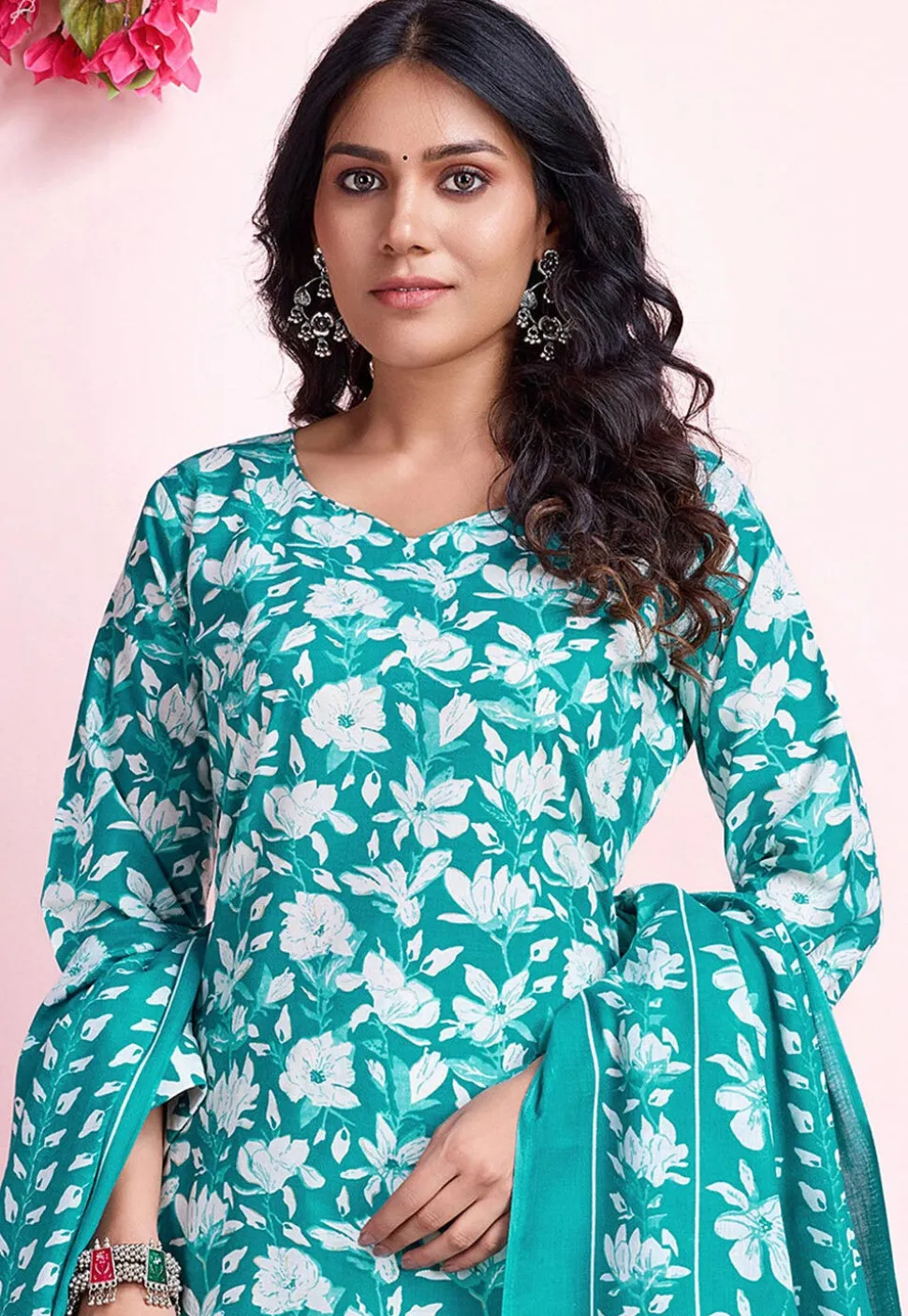 Digital Printed Cotton Pakistani Suit in Sea Green