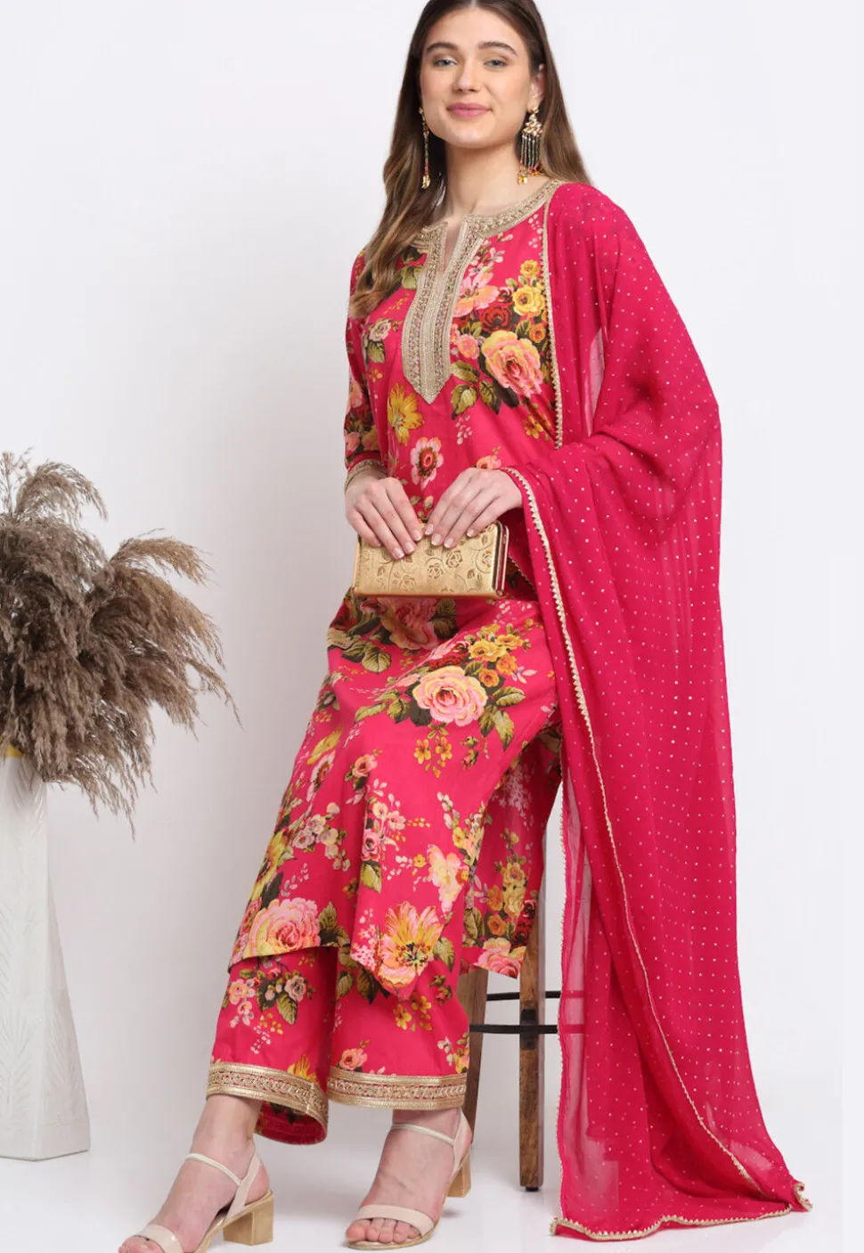Digital Printed Cotton Pakistani Suit in Fuchsia