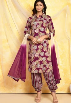 Digital Printed Cotton Punjabi Suit in Purple