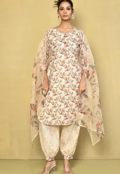 Digital Printed Cotton Punjabi Suit in Off White