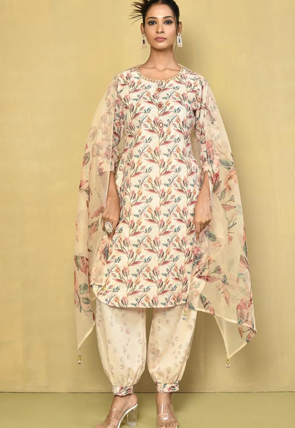 Digital Printed Cotton Punjabi Suit in Off White