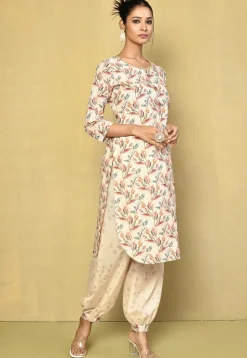 Digital Printed Cotton Punjabi Suit in Off White