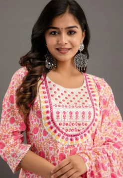 Digital Printed Cotton Rayon Anarkali Suit in Pink and White