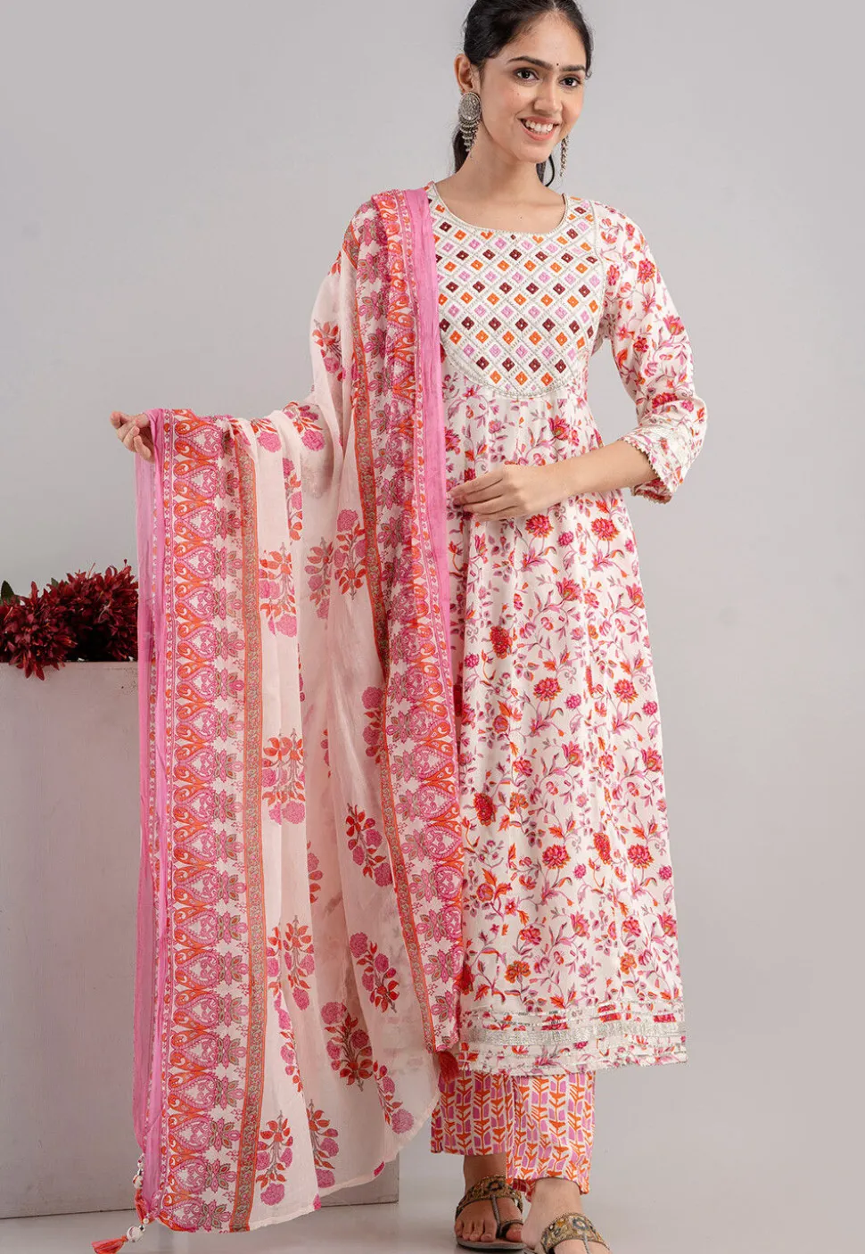 Digital Printed Cotton Rayon Anarkali Suit in Off White