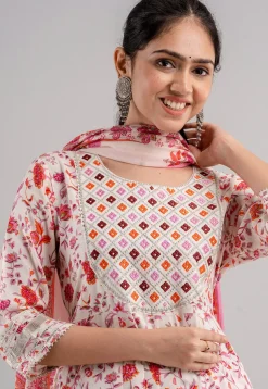 Digital Printed Cotton Rayon Anarkali Suit in Off White