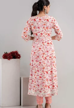 Digital Printed Cotton Rayon Anarkali Suit in Off White