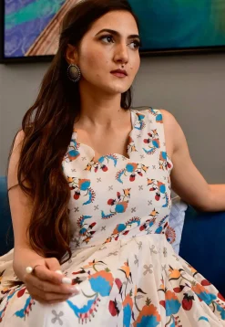 Digital Printed Cotton Rayon Gown in Off White