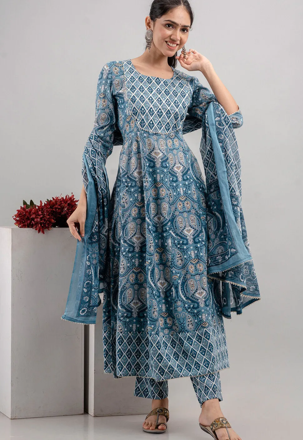 Digital Printed Cotton Rayon Anarkali Suit in Blue