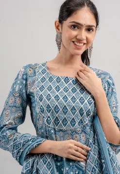 Digital Printed Cotton Rayon Anarkali Suit in Blue