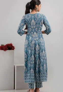 Digital Printed Cotton Rayon Anarkali Suit in Blue