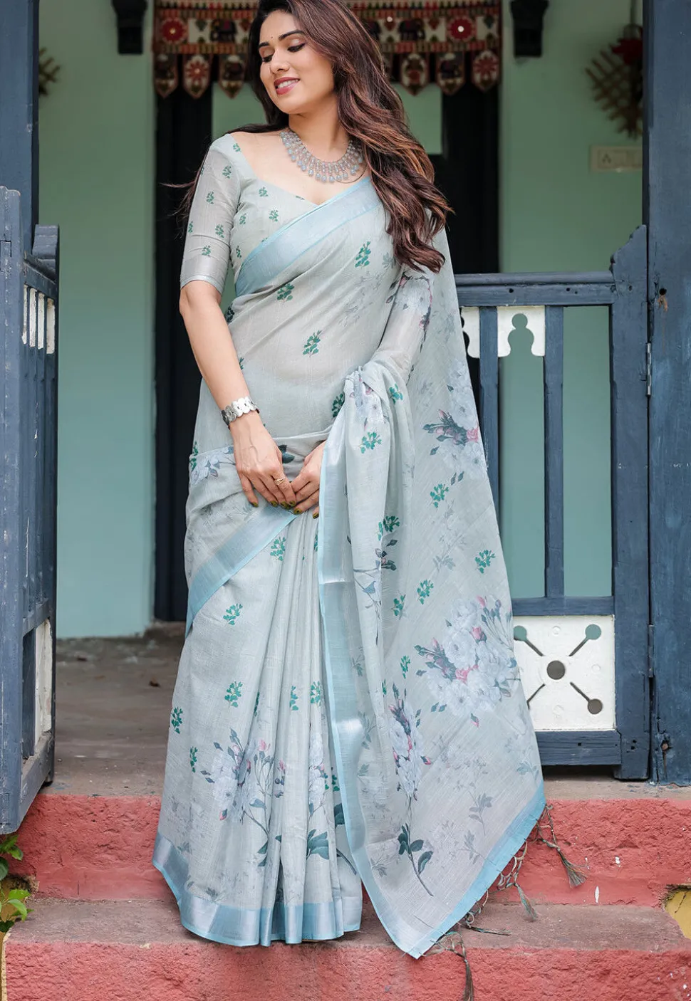 Digital Printed Cotton Saree in Light Blue