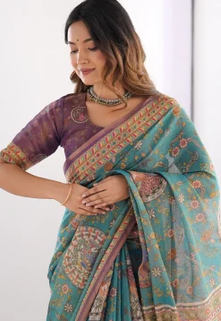 Digital Printed Cotton Saree in Blue