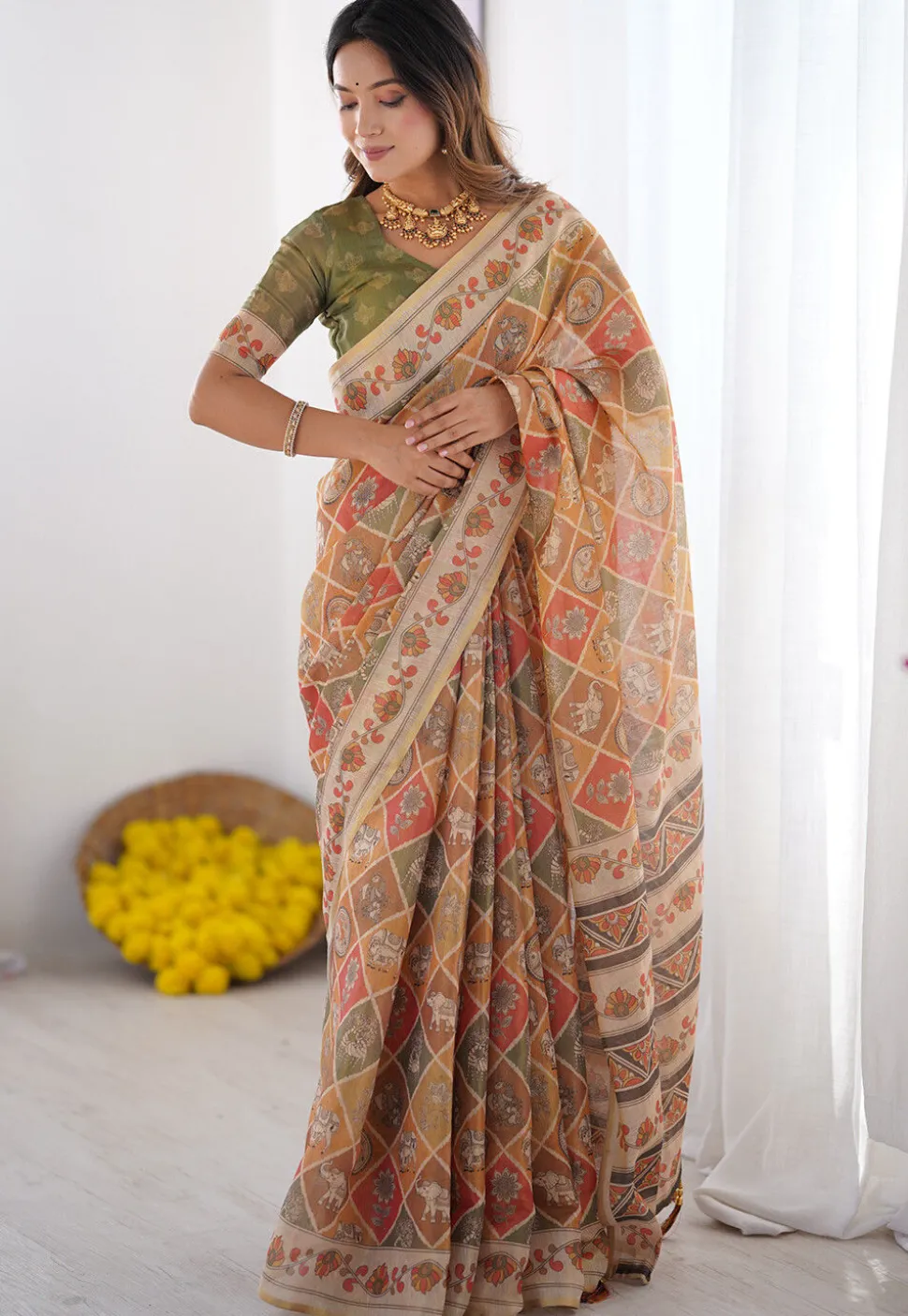 Digital Printed Cotton Saree in Multicolor