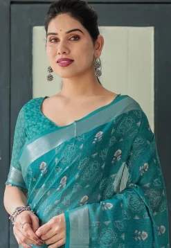 Digital Printed Cotton Saree in Teal Blue